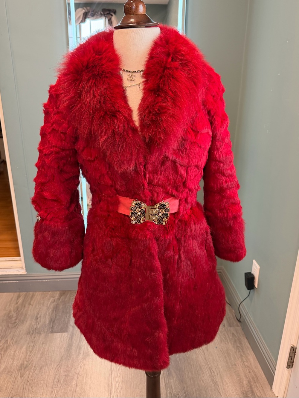 Vintage Red Rabbit Fur Coat Fox Fur Collar S
